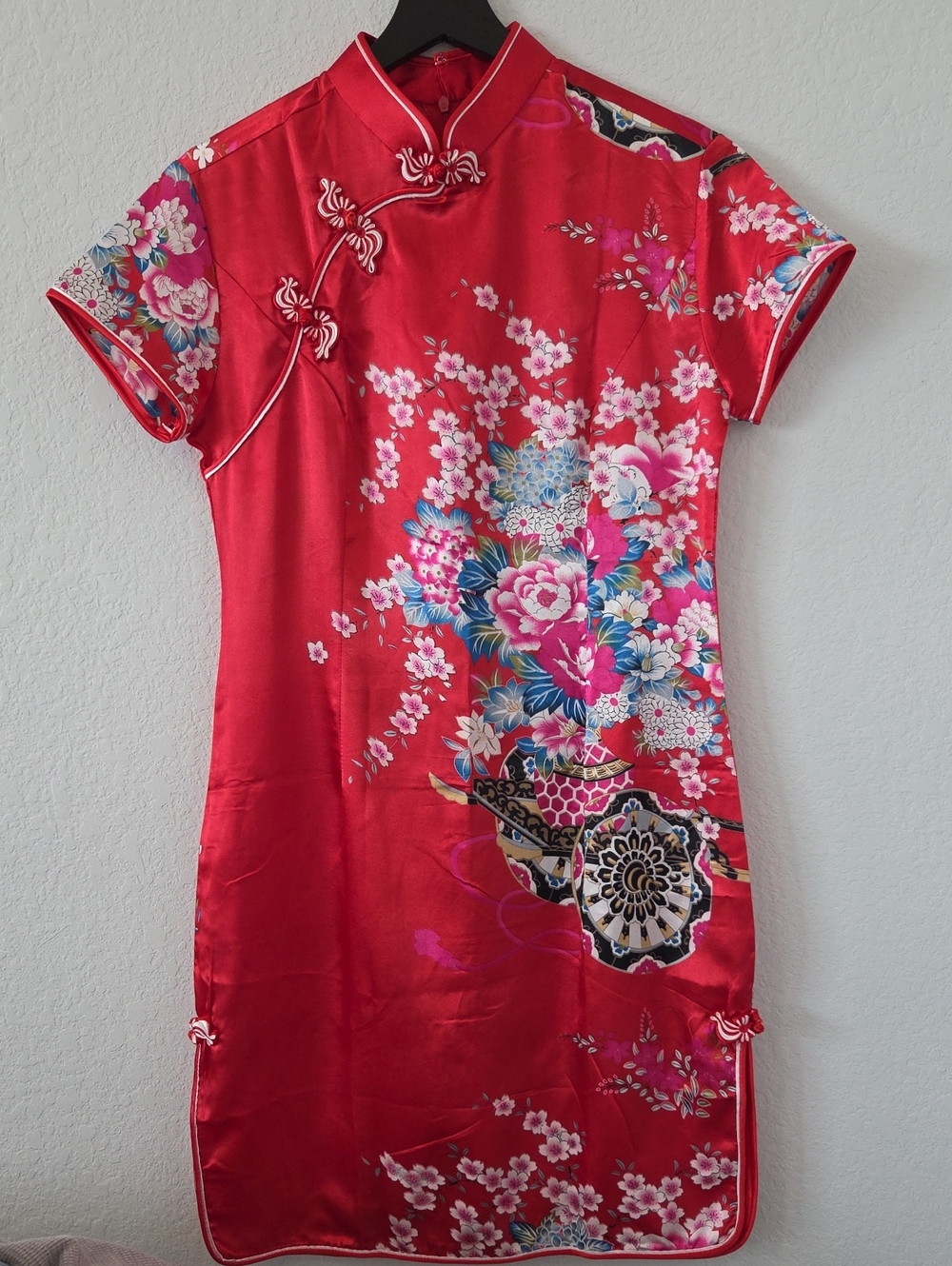 Red Silk Floral Chinese Cheongsam Mini Dress High Collar Chrysanthemum Blossoms